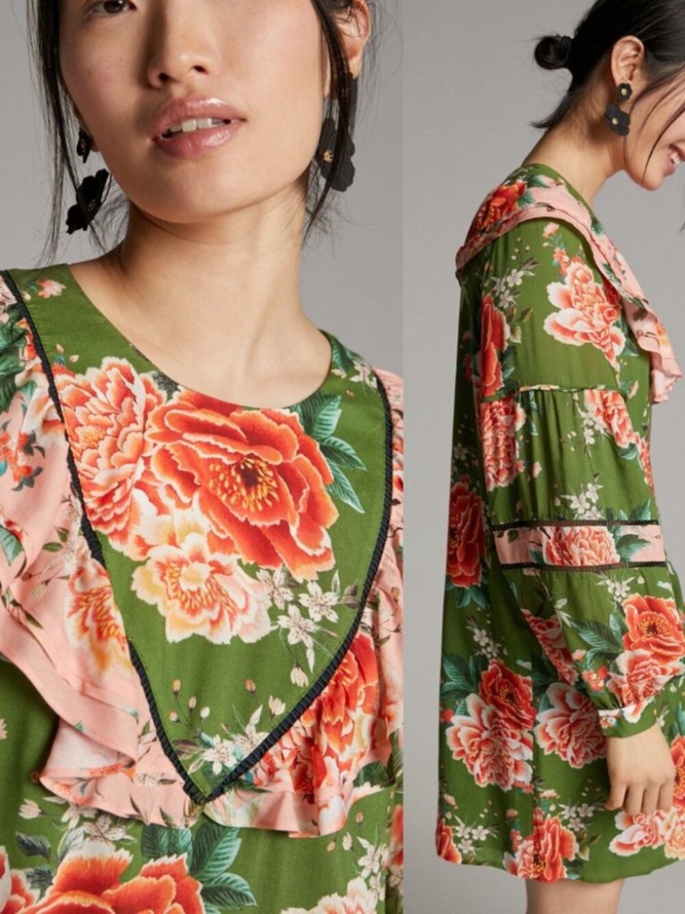 Anthropologie FARM RIO Elinor Floral Green & Peach Ruffle Colorful Tunic Dress - Picture 2 of 12